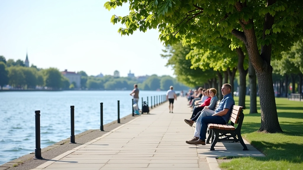 Lampėdžių pakrantės takas su patogiomis suoliukais ir vandens vaizdais, žmonės sėdi ir poilsiauja