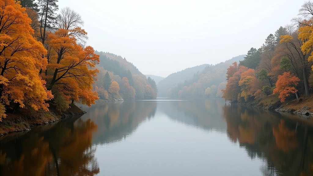 Šaltas rudens vaizdas prie užtvankos, su geltonais ir oranžiniais lapais ant medžių, tylia atmosfera