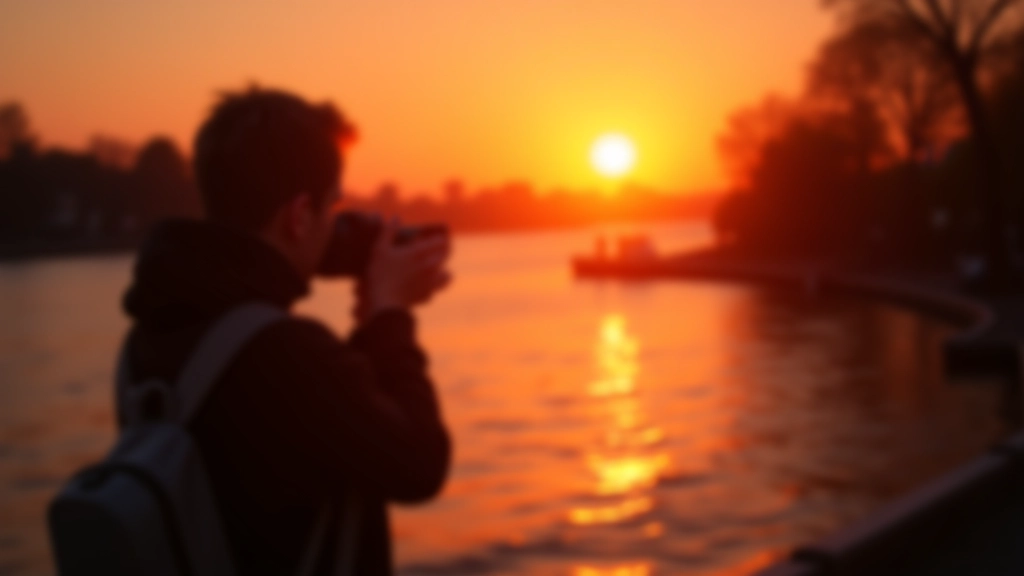 Vandens kranto vaizdas su fotografu nufotografuojančiu peizažą, saulėlydis, spalvos oranžinės ir raudonos